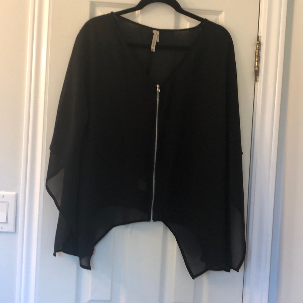 Sheer angel sleeve blouse with zipper in front